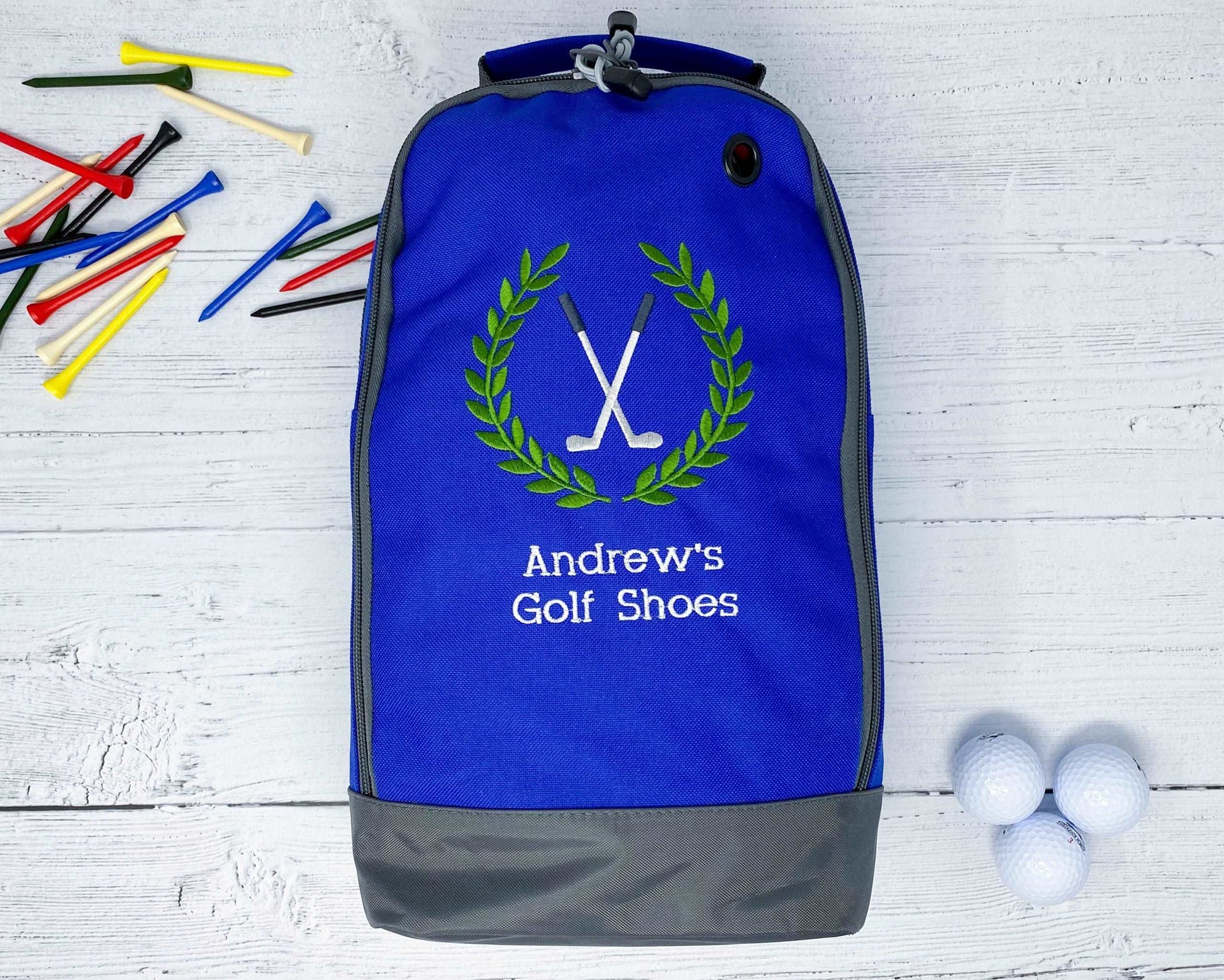 Close-up of personalized golf shoe bag with embroidery