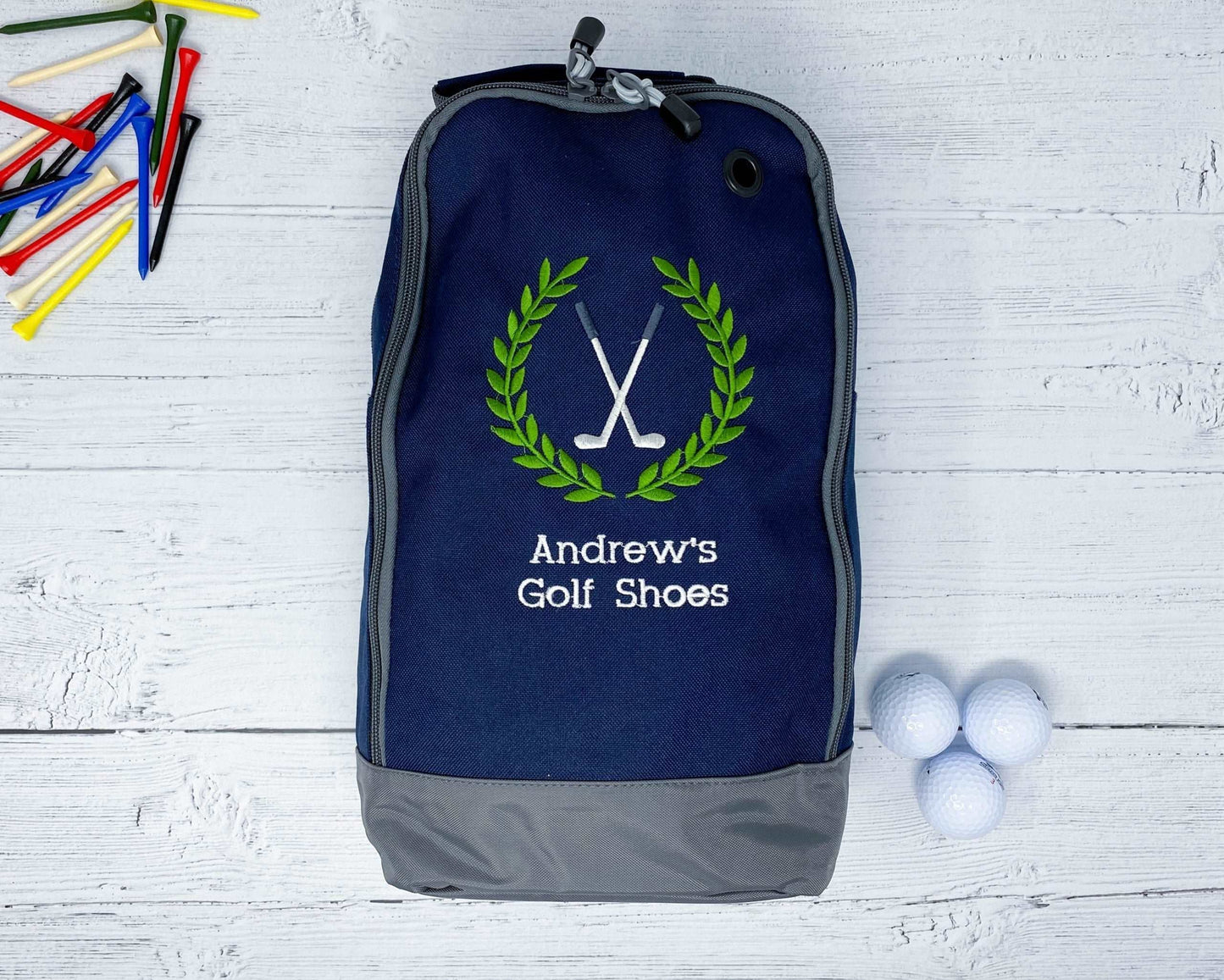 Golf Set of Personalised Embroidered Golf Shoe Bag, Embroidered Towel and Golf Ball and Tee Storage Bags