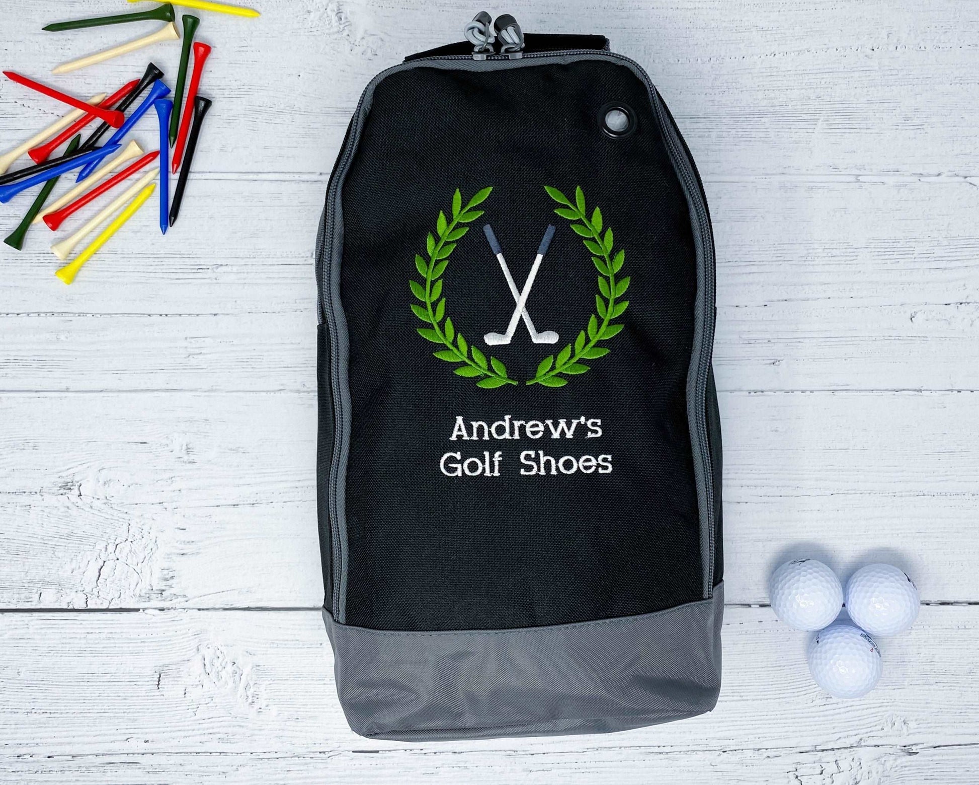 Golf Set of Personalised Embroidered Golf Shoe Bag, Embroidered Towel and Golf Ball and Tee Storage Bags