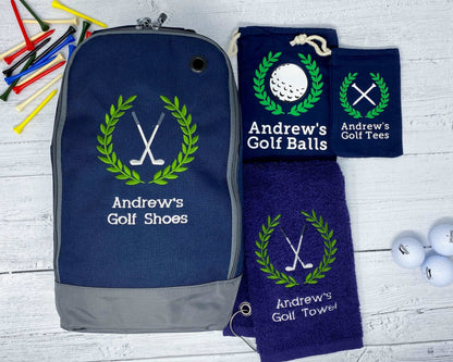 Golf Set of Personalised Embroidered Golf Shoe Bag, Embroidered Towel and Golf Ball and Tee Storage Bags