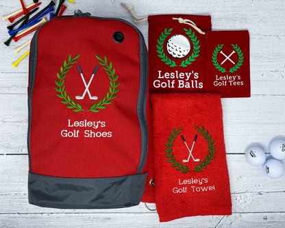 Golf Set of Personalised Embroidered Golf Shoe Bag, Embroidered Towel and Golf Ball and Tee Storage Bags