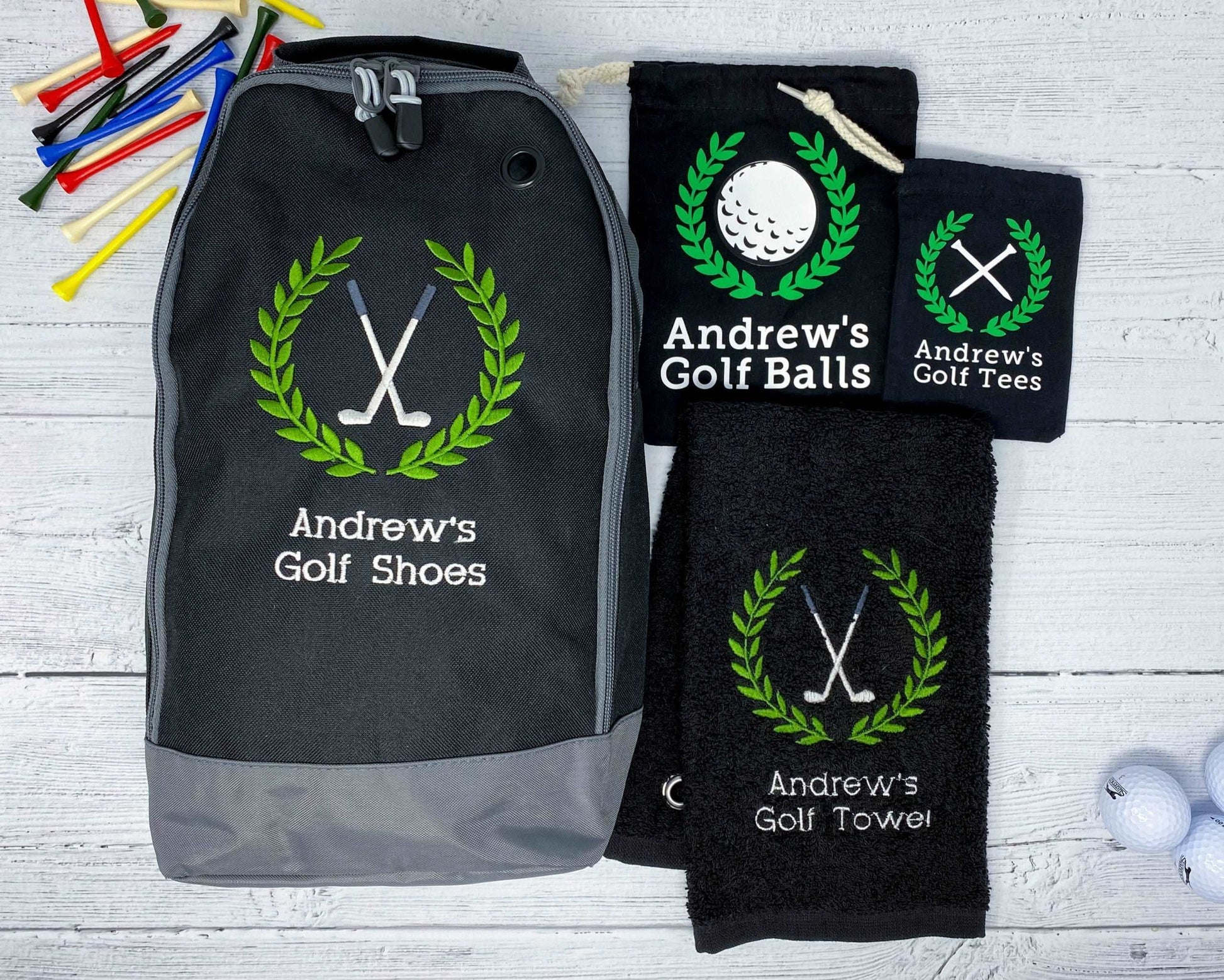 Golf Set of Personalised Embroidered Golf Shoe Bag, Embroidered Towel and Golf Ball and Tee Storage Bags